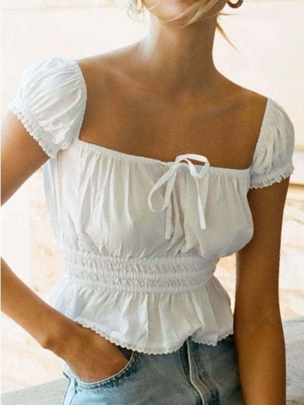 With Jéan Jeanne Top - White Peasant Smocked Waist Top
